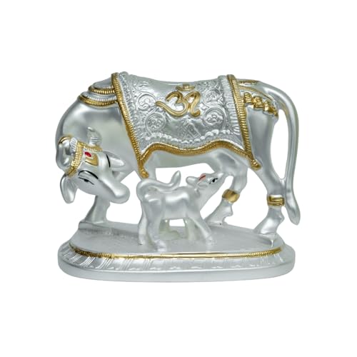 Image of Silver Plated Om Cow and Calf Idol | Kamadhenu with Calf on Engraved Base | Sacred Silver Cow Figurine for Pooja, Vastu & Gifting | Spiritual Home Decor | 15.3 x 9 x 12.3 cm