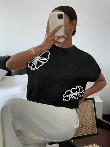 Image of SOLY HUX Women's Short Sleeve Sweater 3D Floral Sweaters Pullover Tank Tops Knit Vest Trendy Fashion Clothing