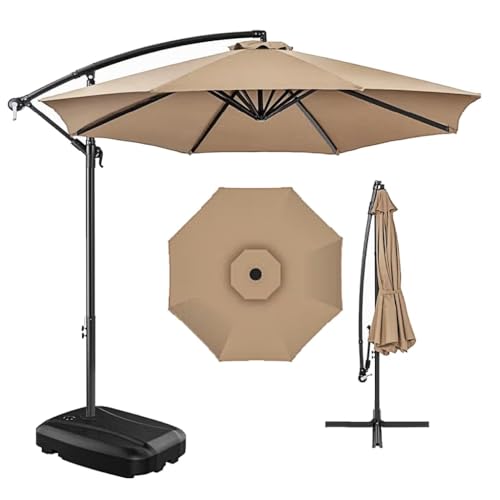 Image of Hukimoyo 10Ft Diameter Large Outdoor Patio Cantilever Offset Umbrella with Base Stand, Waterproof Heavy Duty Garden Parasol Sun Shade Canopy, Side Pole Umbrella for Backyard, Poolside, Deck, Lawn, Terrace, Cafe.