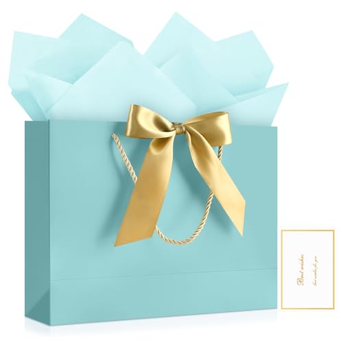 Image of JMANNI Gift Bags with Handles, 13 inch Medium Gift Bag for Presents, 1 Pcs Bags with 2 Tissue Paper and 1 Cards for Graduation Baby Shower Wedding Fathers Day Mother's Day Birthday Party (Baby Blue