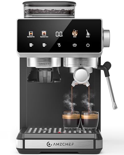 AMZCHEF Coffee Machine,1400W Espresso Machine, Compact Stainless Steel Coffee Machines with LED Touch Screen, Grinder & Milk Frother, Cappuccino & Latte Machine for Home
