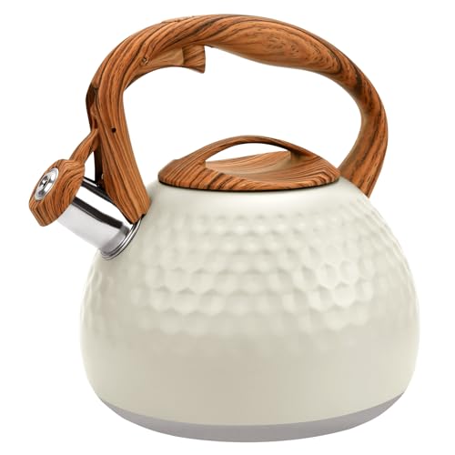 GGC tea kettle for stove top, 3.1 qt, white with wood-pattern handle