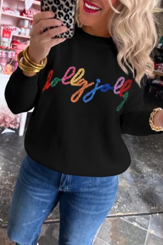 Image of LEMAFER Women 2026 Merry Christmas Round Neck Sequin Letters Sweater Casual Solid Slogan Long Sleeve Pullover Sweatshirt Tops