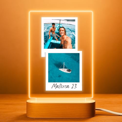 Cristal Plaque Lámparas Personalizadas con Fotos Polaroid – Regalo para Pareja con Luz LED y Base de Madera – Lámpara Personalizada para Aniversario o Decoración Hogar para Cumpleaños, Bodas