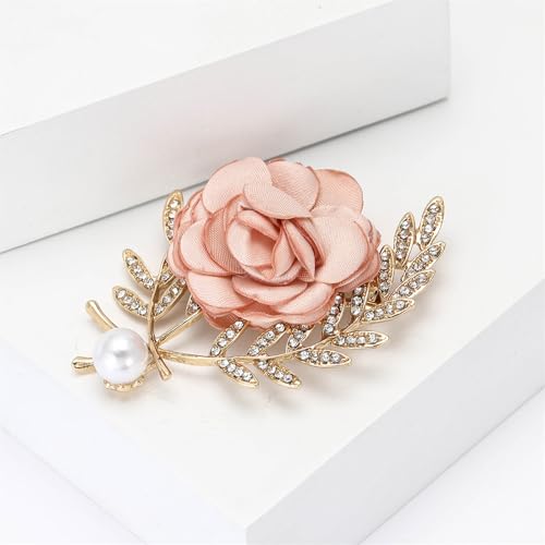 Image of Rose Brooch for Women,Dainty Satin Fabric Flower Lapel Pins Vintage Elegant Pearl Brooches Handmade Crystal Pearl Pins Silk Camellia Safety Collar Pin Dress Suit Accessories Wedding Bridal Bouquet Jewelry