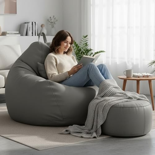 Image of KAM'S LIEU 5XL Bean Bag Combo with Footrest & Cushion | Filled with High Density EPS Beans | Comfortable Sofa for Living Room & Bedroom | 6 Months Warranty, Color- (Grey, 5XL, Classic)