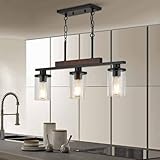 Kitchen Island Lighting,3-Lights Rectangle Farmhouse Dining Room Light Fixture Over Table,Wood Pendant Lights Kitchen Island,Black Wood Linear Chandelier Ceiling Hanging with Glass Shades