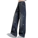 Girls Jeans Cute Heart Bow Print Jeans High Elastic Waisted Denim Trousers Kids Casual Streetwear Wide Leg Baggy Jean Pantalones para niñas de 12 años