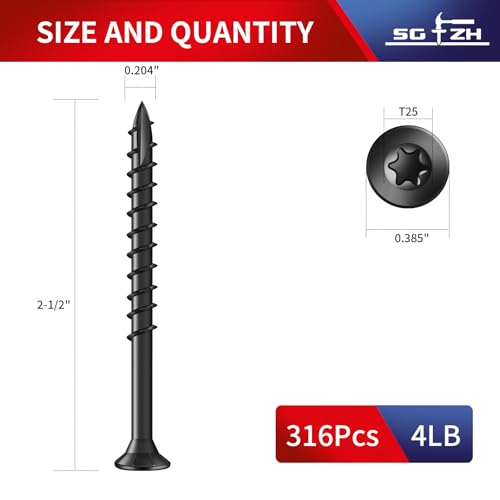 Image of #10 x 2-1 /2 inch Deck Screws (316Pcs) 4lb. Exterior Wood Screws. Carbon Steel, Black, Flat Head, Rust Resistant epoxy Coated, with T25 Star Bit