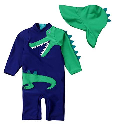 Styles I Love Baby Toddler Boys Crocodile One-Piece Short Sleeve Zipper Rash Guard with Sun Hat 2pcs Swimsuit Beach Bathing Suit (120/3-4 Years)