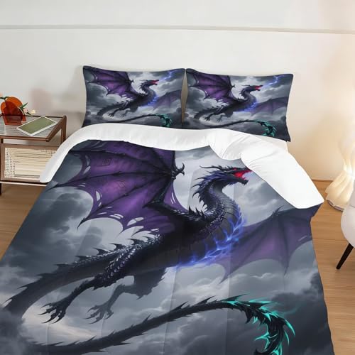 Image of 3D Dragon Comforter Set Full Size Lightning Dragon Animal Bedding Sets for Girls Boys Kids Adults Bedroom Decor Thunder Magical Beast Quilt 1 Comforter 2 Pillowcases