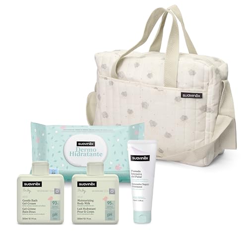 Suavinex, Borsa cambio bambino con cosmetici: Gel detergente delicato 300 ml + Latte idratante 300 ml + Crema per il cambio 75 ml + Salviette 60 unità. Regalo di nascita per bambina e bambino, beige