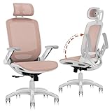 GABRYLLY Ergonomic Office Chair, High Back Home Desk Chair with Headrest, Flip-Up Arms, 90-120° Tilt Lock and Wide Cushion, 400LBS Mesh Chairs for Man Woman, White Task Chair(Pink,GY01WPK)