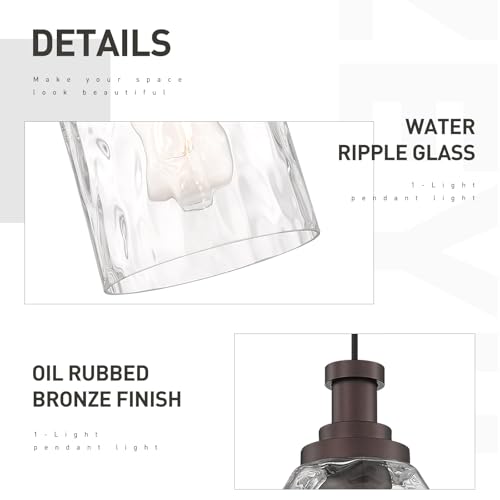 Image of zeyu 1-Light Kitchen Hanging Light Fixture, Farmhouse Island Pendant Lighting, Water Ripple Glass Shade, Oil Rubbed Bronze Finish, ZG33M1L-L ORB-WG