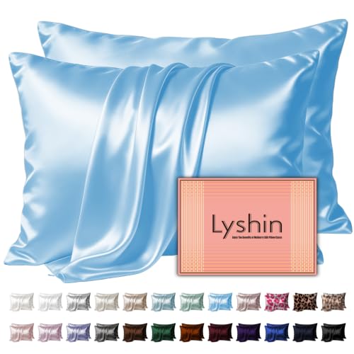 Image of LYSHIN Silk Pillow Cases 2 Pack Queen Size with Zipper, Sky Blue | 19 Momme Mulberry Silk Pillowcase for Skin and Hair, Anti-Acne, Hypoallergenic, Cooling, Beauty Sleep, Gifts for Women