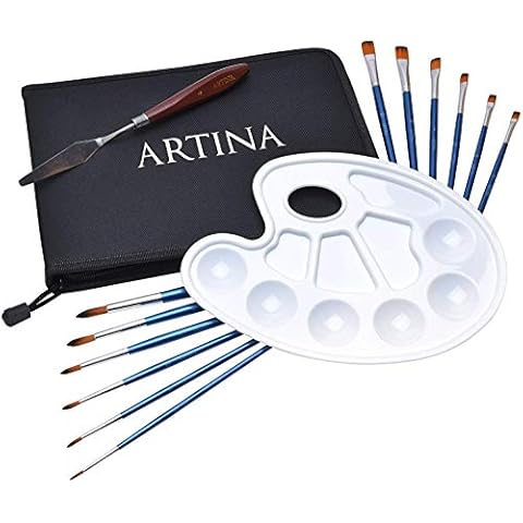Artina 15tlg Pinsel Set Rom Pinselset für Malerei - 12 Künstler Pinsel mit hochwertigem Etui, 1x Mischpalette, 1x Spachtel Pinsel für Acryl Cover