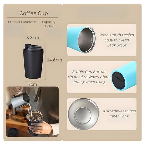 Image of Motka 350ml Coffeemate Vacuum Insulated Cup| Stainless Steel Travel Coffee Mug with Leak Proof Lid| Fat Bottomed Tumbler| Double Wall Portable Thermal Flask| Sipper for Hot and Cold Drinks (Aqua)
