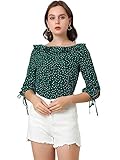 Allegra K Women's Ruffled Collar Polka Dots Shirt 3/4 Sleeve Vintage Blouse X-Large Green