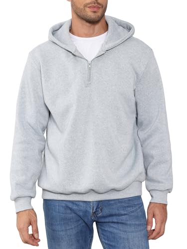 LINMYZAI Grey Men Quarter Zip Hoodie Fleece Lightweight Mens Half Zip Pullover Long Sleeve Drop Shoulder Hooded Sweatshirt M