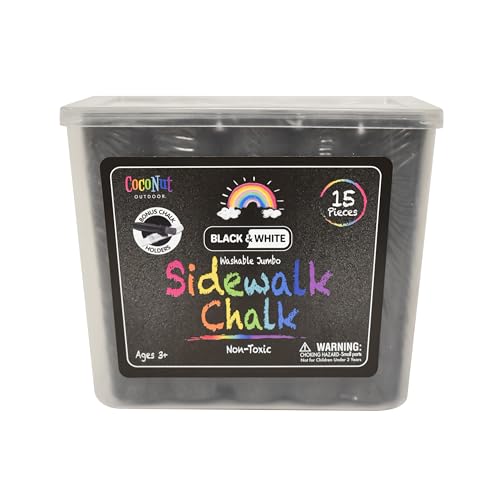 Jumbo Sidewalk Chalk Bucket | 15 Pieces Black & White Chalks + 2 Holders | Washable Non-Toxic Chalk Set | 4 Jumbo Chalk Sticks for Sidewalks Driveways & Outdoor Drawing | Gift for Kids Ages 3+