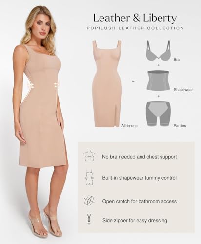 Image of Popilush Leather Dress with Built in Shapewear Square Neck Slit Midi Dresses Faux Leather Concert Club Outfits