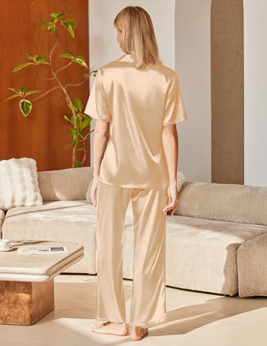 Ekouaer Womens Silk Pajama Sets Short Sleeve Button Down Shirt with Long Pants Soft Sleepwear Satin Pjs Lounge Set S-XXL2