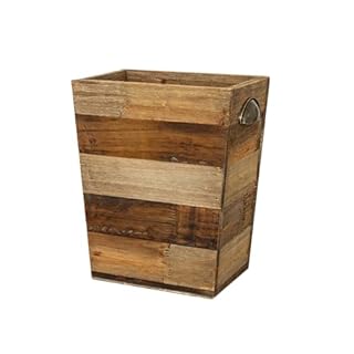 Small Wooden Waste Paper Bin Trash Can, Farmhouse Decorative Garbage Can Wastebasket, Rustic Distressed Natural Trash Recycling Basket with Metal Handles, Reclaimed Wood Storage Basket