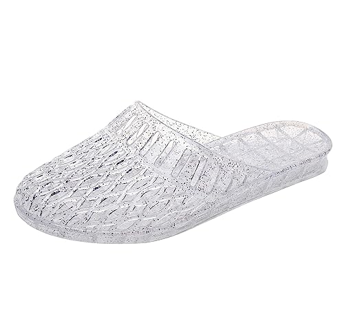 Image of Womens Jelly Shoes, White Jellies Sandals Glitter Clear Flats Slip On Summer Beach Slippers Transparent Closed Toe Soft Slide