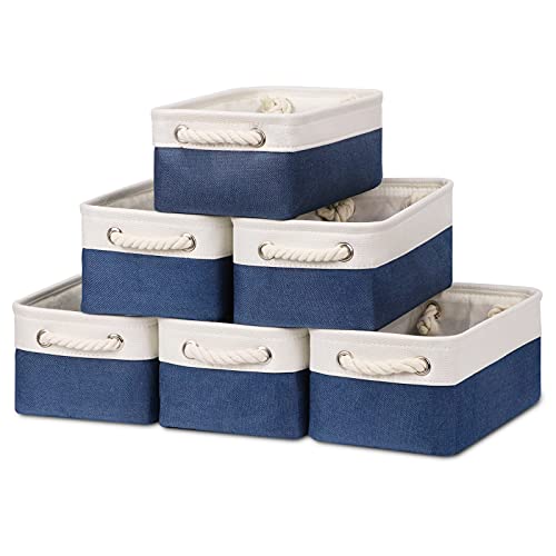 Image of Bidtakay Small Canvas storage baskets with Handles [6 Pack] Navy Blue Fabric Storage Bins 11.8 x 7.8 x 5 inches Decorative storage baskets for Shelves, Closet, Nursery (White&Blue)