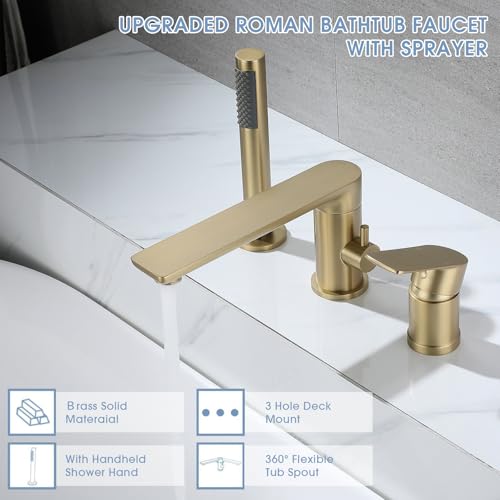 Grifería para bañera romana con ducha de mano, montaje en cubierta, acabado en oro pulido miniatura 2