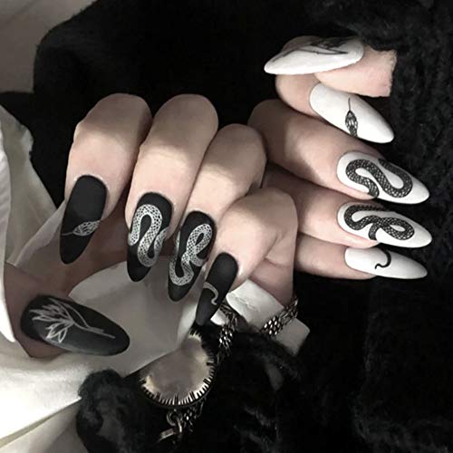 Vogee 24Pcs Colorful Animal Pattern Fake Nails Medium Long Round Square Full Coverage Removable Wear Press on Acrylic Ballerina False Nails Art Tips for Girls and Women (Black White Snake)
