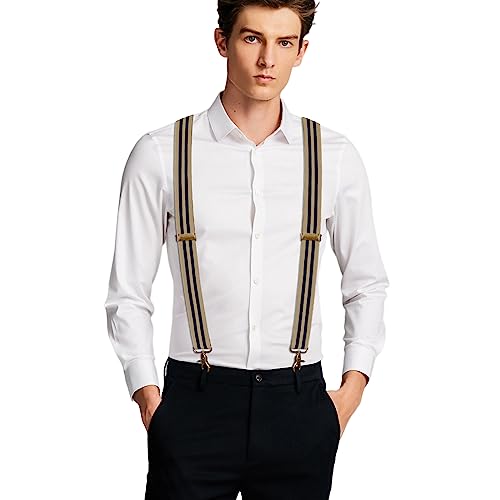 Mens Braces for Trousers with Strong 4 Hook-Clips, Vintage Suspenders Braces for Men & Women Heavy Duty Elastic Adjustable X Shape