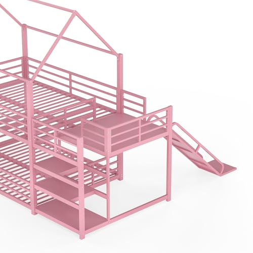 Image of Bellemave Metal Bunk beds Full Over Full with Slide and Storage Stairs, House Floor bunk Bed with guardrail for Kids,Pink
