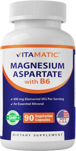 Vitamatic Magnesium Aspartate 400mg per Serving - 90 Vegetarian Capsules - Added B6 for Maximum Absorption - Supports Muscle Joint and Heart Health*