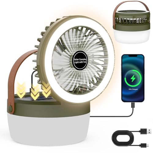 EJYTRVT Solar Camping Fan with LED Light – Rechargeable Portable Fan with 3 Speeds, 4 Lighting Modes, USB & Solar Powered, Foldable & Hanging Tent Fan for Camping, Travel, Beach, RV, Camper