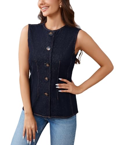 Women's Button Down Denim Vest Crewneck Slim Fit Waistcoat Casual Jean Tank Top