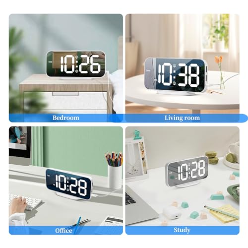 Slim Digital Alarm Clock with 6.7"LED Mirror Surface Display,White - Image 2