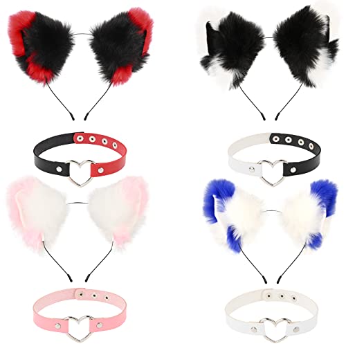 Pesonlook 4PCS Cat Fox Faux Fur Ears Headband Plush Furry Cat Ears Headbands with 4Pcs Love Heart Choker Necklace Neko Ears Cosplay Costume Party Hair Accessories for Women Girls Halloween