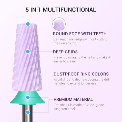 Image of MelodySusie 5 in 1 Nail Drill Bits, 3 /32'' Ceramic Cross Cut Bits, Suitable for Manicure Pedicure Cuticle Gel Polishing, Pink, Series Bit-M, Coarse, Purple