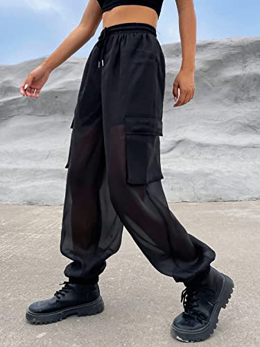 OYOANGLE Women's Mesh Sheer Drawstring Waist Flap Pocket Streetwear Jogger Cargo Pants3