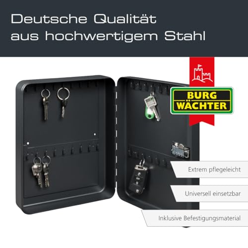 Burg-Wächter Schlüsselbox abschließbar mit Zahlencode, 36 nummerierte Haken, Schlüsselkasten KC 36 C, Stahlblech, Mattschwarz