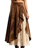  Générique Jupe Longue en suédine et Dentelle Patchwork avec Volants irréguliers Jupe Maxi Ample Style Western en Faux Daim pour Femme
