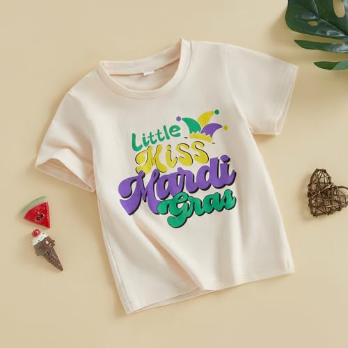 Image of Kids Toddler Girls Little Miss Mardi Gras T-Shirt Outfit Carnival Short Sleeve Celebration Top