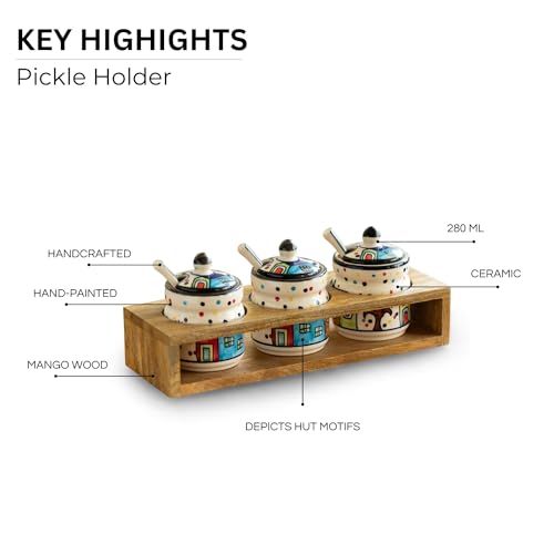 Image of ExclusiveLane 'Hut Handpainted' Ceramic Pickle Jars for Dining Table with Spoon & Wooden Holder (Set of 3, 280 ML)|Ceramic Jars for Kitchen Storage Pickle Holder Pickle Jars for Storage Aachar Jar Set