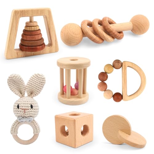 Wooden Baby Rattle, 7PCS Wooden Baby Toys for Babies 18-36 Months, Wood Montessori Toys for Infant Grasping, Sensory Development and Cognitive Growth, Gift for Baby Girls Boys