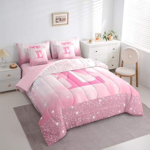 Image of Feelyou Kids Pink Bowknot Comforter Set with Sheets Twin Size, Personalized Initial L Bed in A Bag Princess Glitter 7 Pieces Bedding Set Boys Girls Bow Alphabet Teens Bed Set Bedroom Decor 7Pcs