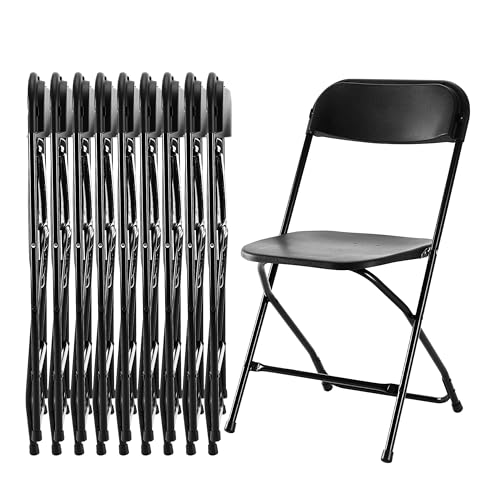 Simple Deluxe 10 Pcs Folding Chair Plastic, Foldable Stackable Portable Seat with Metal Frame 330lb Capacity, Outdoor/Indoor Commercial for Party, Wedding, Event, Office, Patio, Picnic, Kitchen, Black