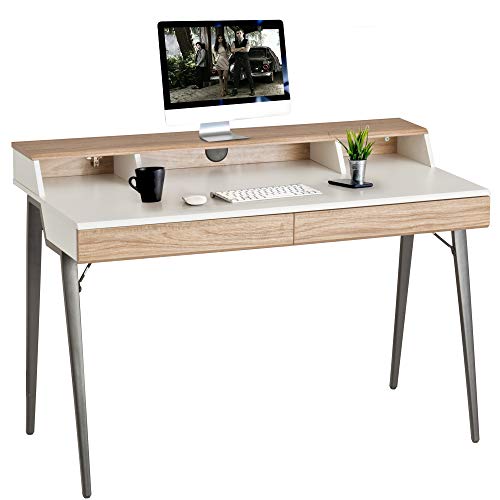 Dporticus 47” Computer Desk With Monitor Shelf Home Office Desk With Drawers & Storage White Wood Small Writing Table Study,Modern Simple #TOP10
