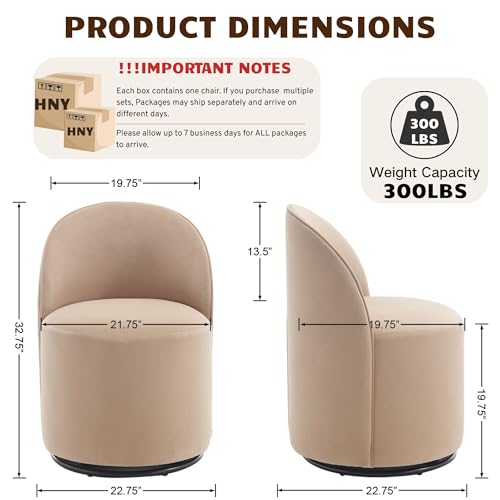 Image of HNY Upholstered Kitchen & Dining Room Barrel Chairs Set of 4, Mid Century Modern Round Velvet Dining Chairs, 360 Degree Swivel Comfy Armless Accent Makeup Vanity Side Chairs for Living Room, Khaki