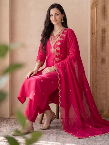 Image of INDO ERA Women's Black Silk Blend Embroidered Mirror Work Kurta & Pant with Dupatta Set (IEDDAI484)